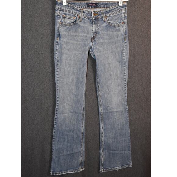 Levi's 518 Superlow Boot Cut Women's 7 Long Distressed Western Blue Jeans - Picture 1 of 13